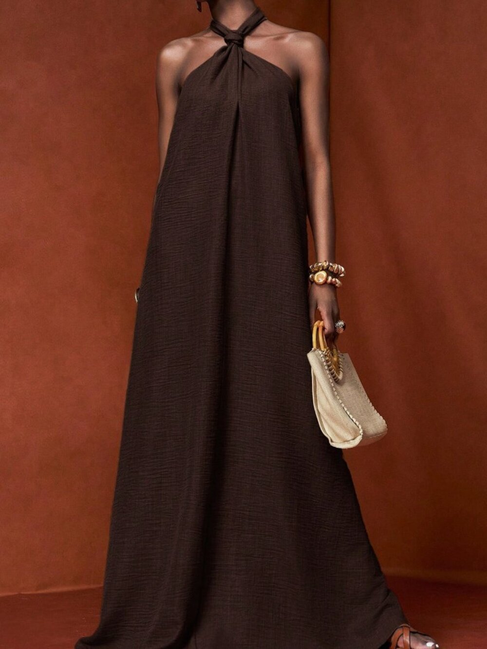 Brown Casual Women's Halter Neck Twist Open Back A-Line Maxi Dress - Picture 3 of 6